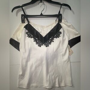 Flora Nikrooz Satin Lace Chemise Gown Ivory Black Sleeveless Small T80119